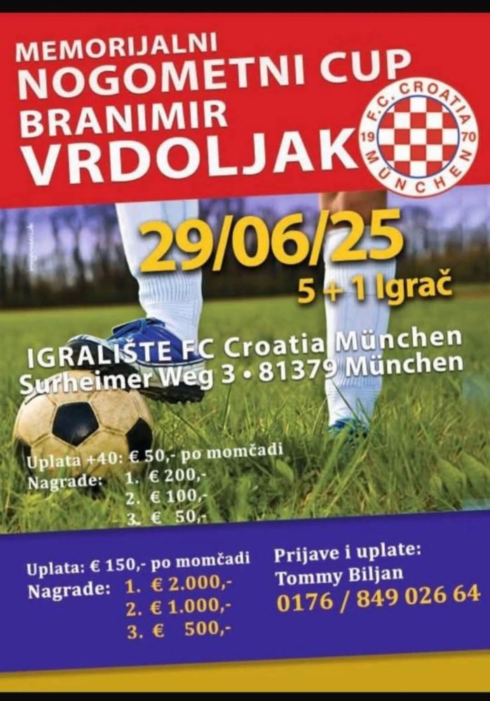 Memorijalni Nogometni Turnir “Branimir Vrdoljak” u Minhenu – Prijavite Svoj Tim